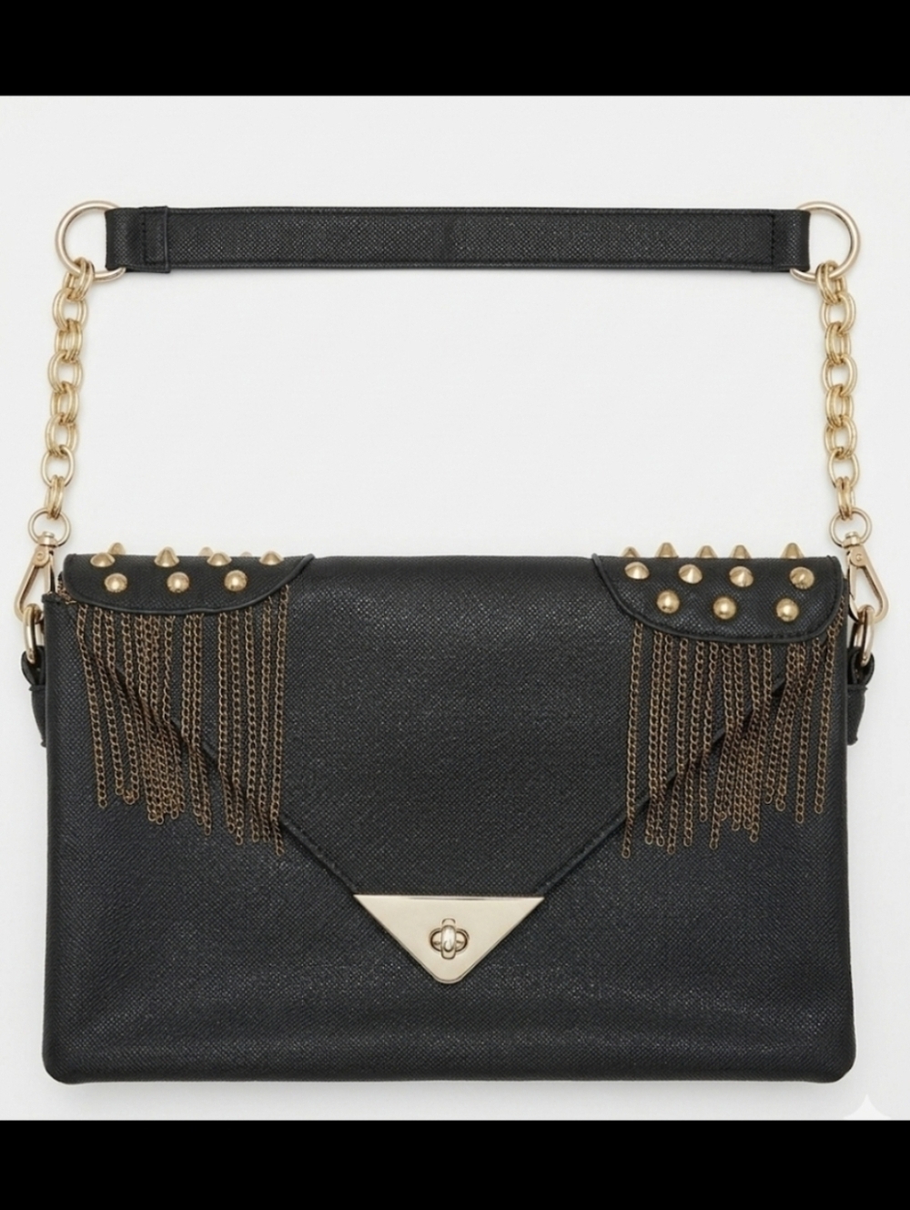 Vintage 80's Style Black Fringe Chain-Accent Shoulder Bag